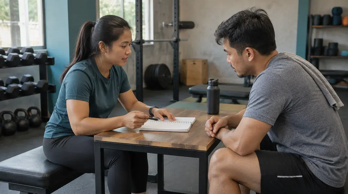 Two adults discussing a training notebook