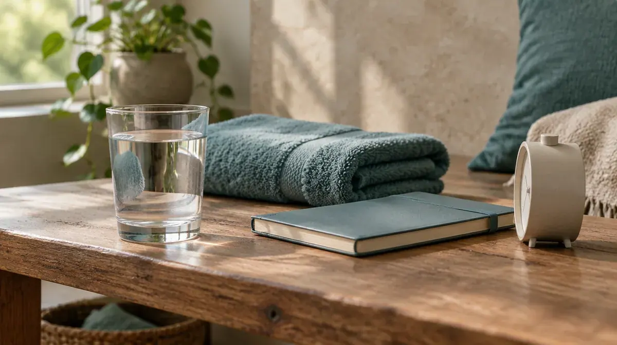 Water, towel and notebook in morning light