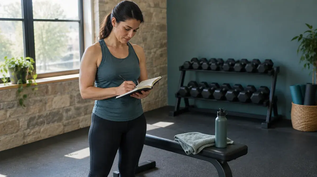 An adult recording a workout in a notebook