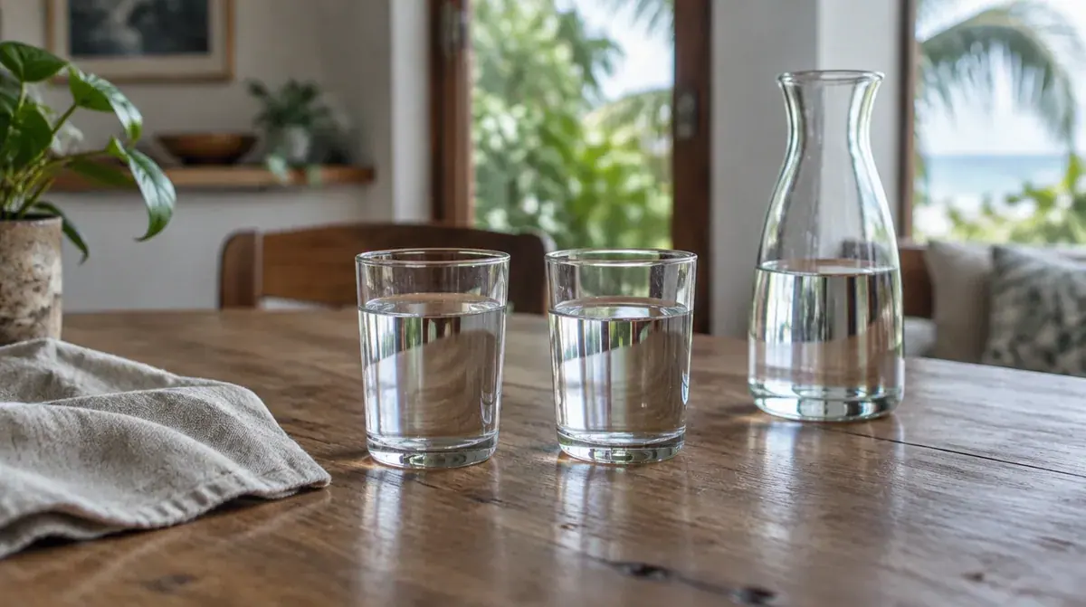 Two glasses of water and a plain carafe