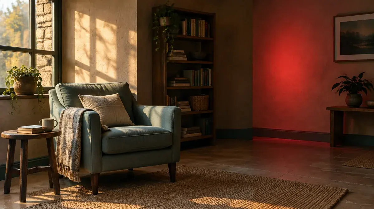 A resting corner in warm daylight and a red-lit wall