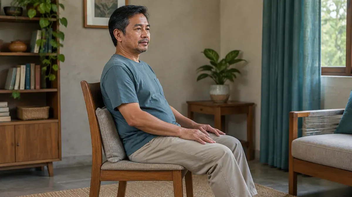 A seated adult with a fabric pack behind the lower back