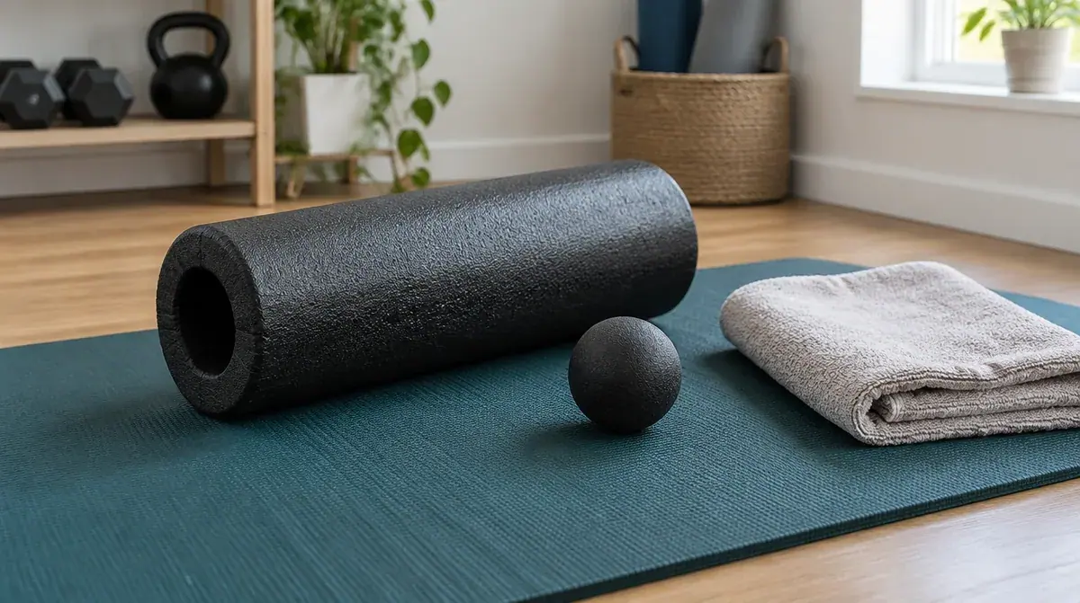 Foam roller and massage ball on an exercise mat