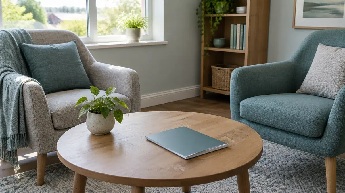 A quiet consultation corner with chairs and a notebook