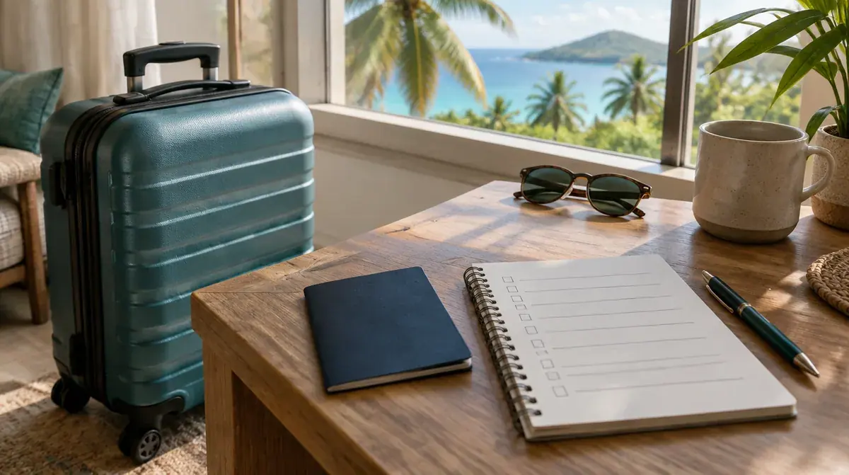 A suitcase and notebook prepared for travel