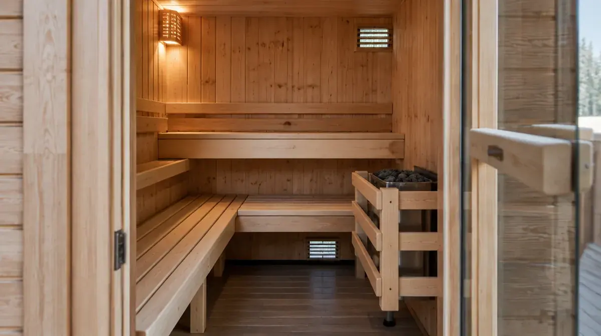 Timber sauna interior with benches and a guarded heater
