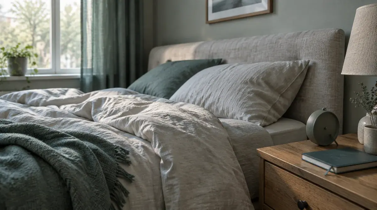 Kamar tidur dan buku di samping ranjang saat pagi