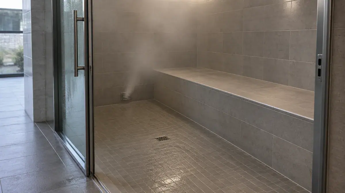 Tiled steam-room interior with a bench and floor drain