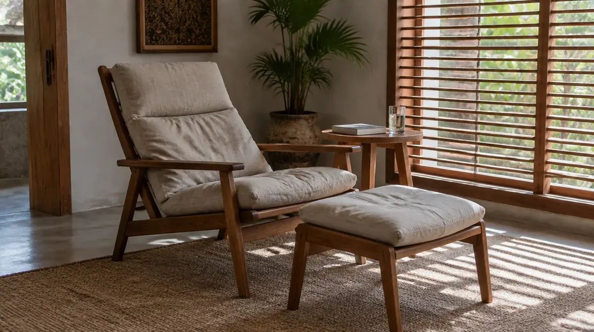 Armchair, footstool and water in a quiet room